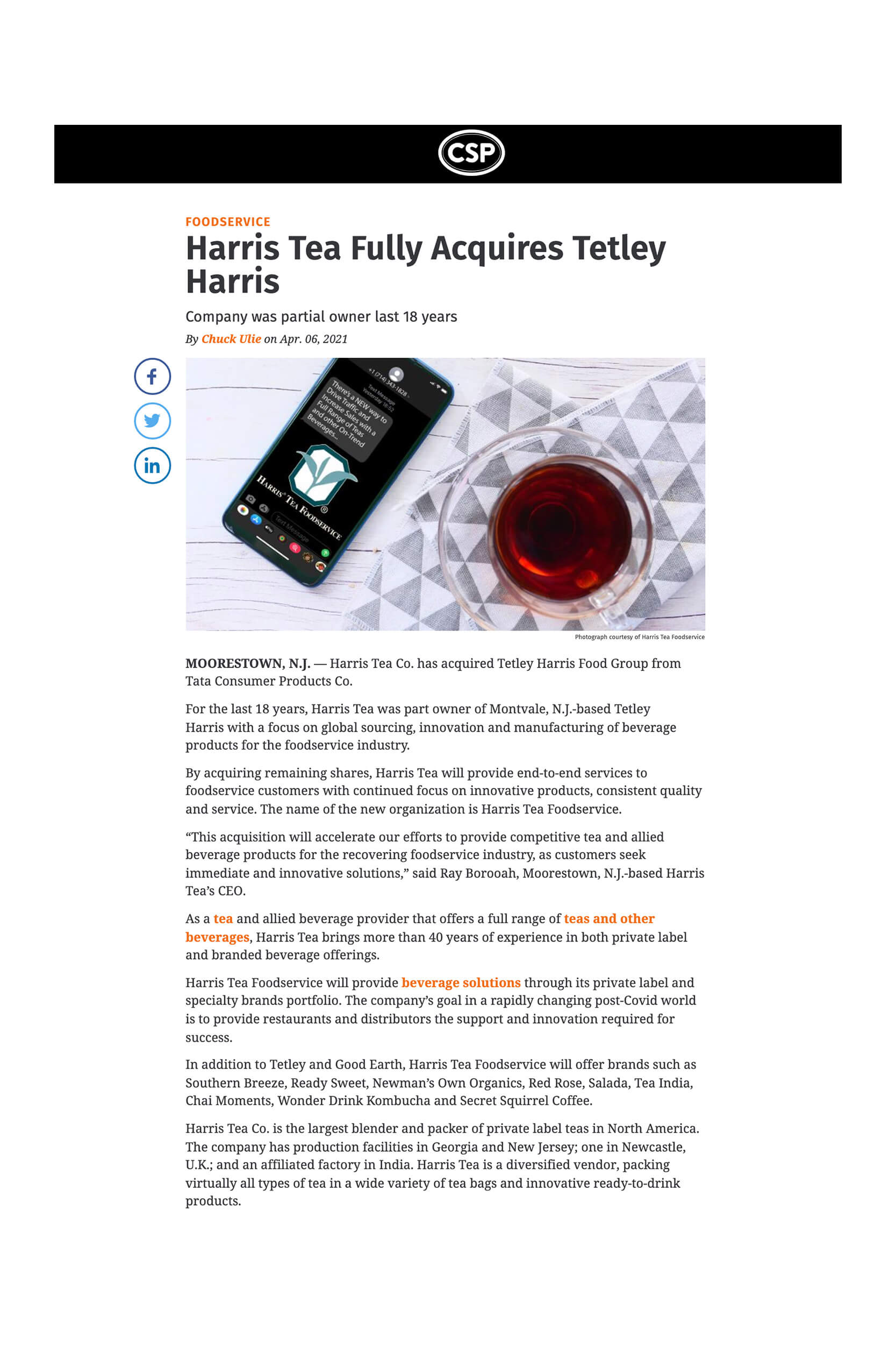 Harris Tea Acquires Tetley Harris